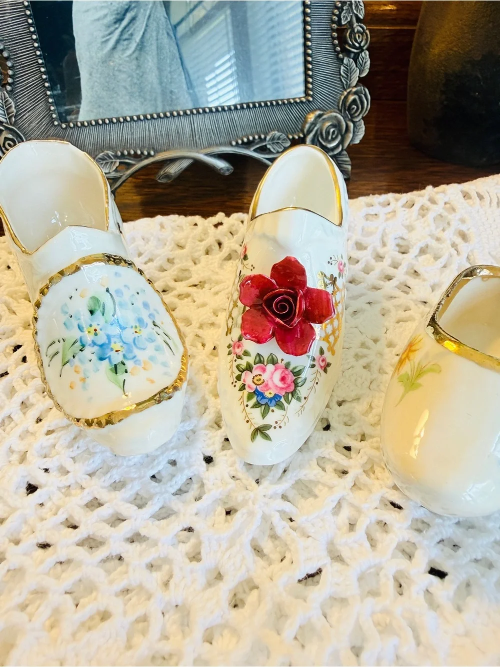 Vintage Porcelain Shoe Trio-English Trinket Box-Crochet Runner Bundle